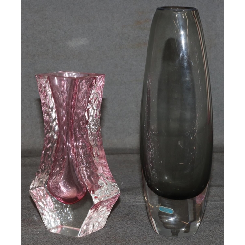 11 - A Swedish Smalandshyttan oval glass vase on clear and grey ground, 26cm high and a Whitefriars style... 