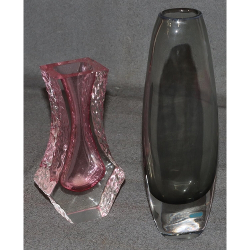 11 - A Swedish Smalandshyttan oval glass vase on clear and grey ground, 26cm high and a Whitefriars style... 