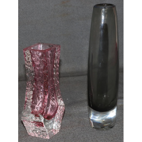 11 - A Swedish Smalandshyttan oval glass vase on clear and grey ground, 26cm high and a Whitefriars style... 