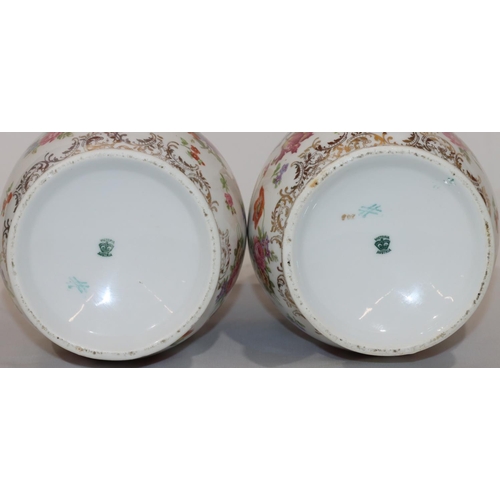 110 - A pair of Continental round bulbous thin necked 2-handled lidded vases on white ground with multi-co... 