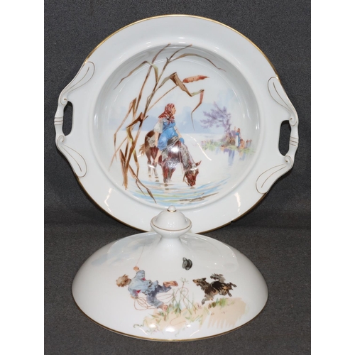 12 - A Continental china round 2-handled lidded tureen on white ground, depicting boy flying kite and gir... 