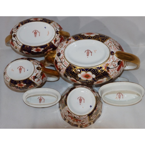 120 - A Royal Crown Derby oval 3-piece Imari pattern tea service comprising of teapot, 2-handled lidded su... 