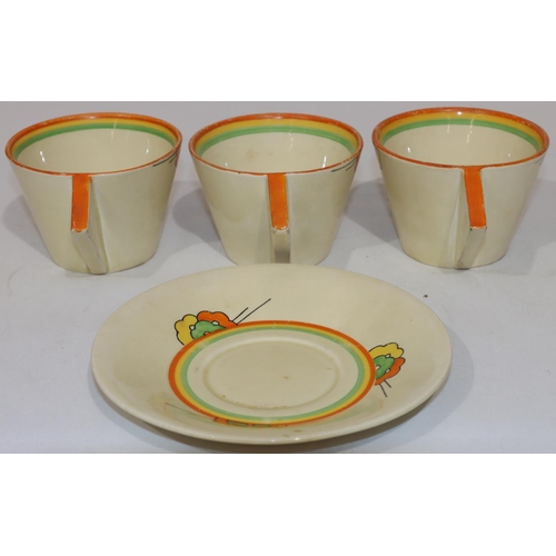 129 - 3 Clarice Cliff Bizarre Nemesia patterned cups and 1 matching saucer (4)