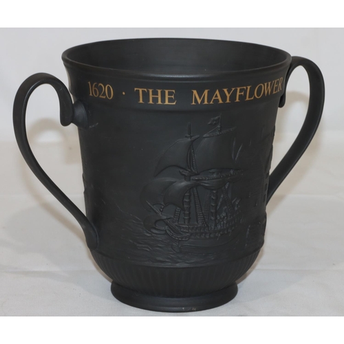 174 - A Royal Doulton black Basalt limited edition 2-handled trumpet shaped loving cup 