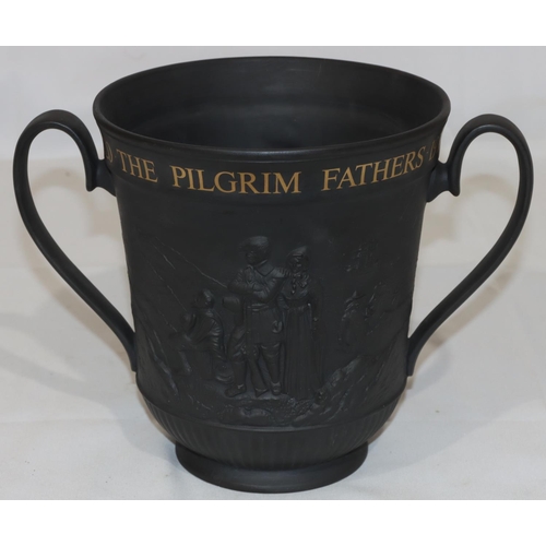 174 - A Royal Doulton black Basalt limited edition 2-handled trumpet shaped loving cup 