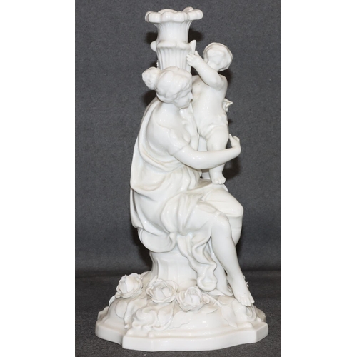 18 - A 20th Century Dresden Blanc-de-Chine candlestick in the form of a seated lady holding a child, with... 