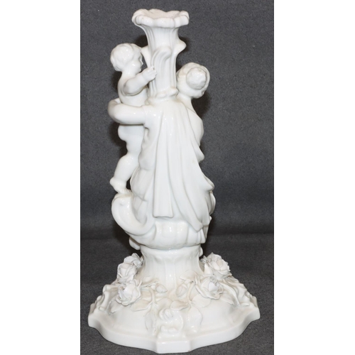 18 - A 20th Century Dresden Blanc-de-Chine candlestick in the form of a seated lady holding a child, with... 