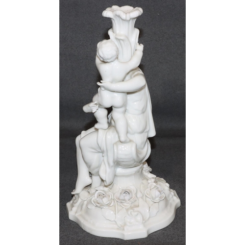 18 - A 20th Century Dresden Blanc-de-Chine candlestick in the form of a seated lady holding a child, with... 