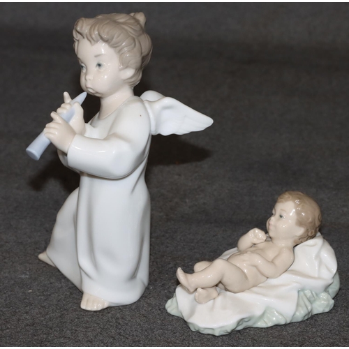 31 - A Lladro figure of a young angel playing a flute, 16.5cm high and a Nao figure of a baby, 10.5cm wid... 