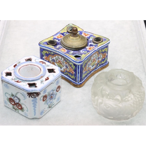 55 - A Delft square inkwell with inner liner on white and pale blue ground with multi-coloured floral and... 