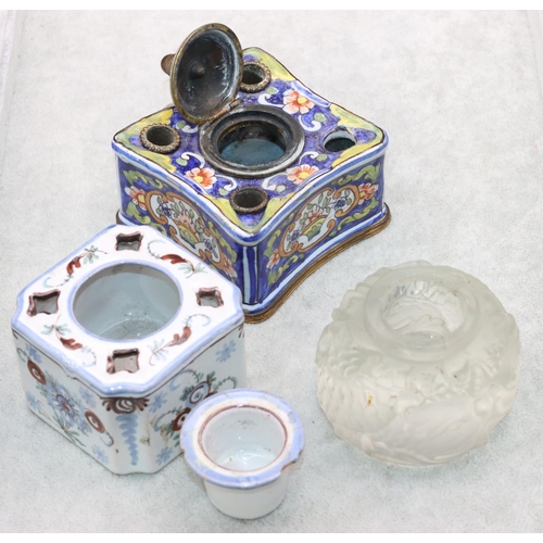 55 - A Delft square inkwell with inner liner on white and pale blue ground with multi-coloured floral and... 