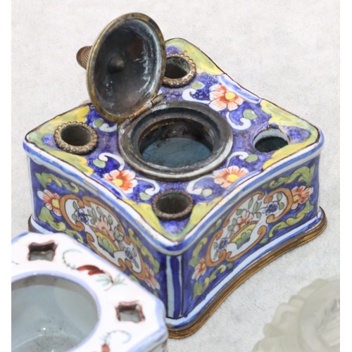 55 - A Delft square inkwell with inner liner on white and pale blue ground with multi-coloured floral and... 