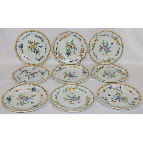 57 - 9 various Majolica round scallop shaped plates on white and yellow ground with multi-coloured floral... 