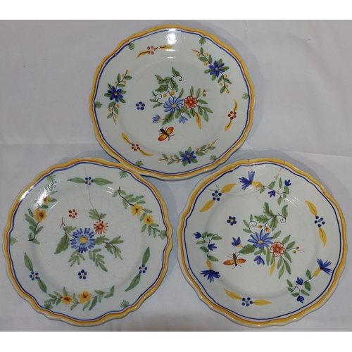 57 - 9 various Majolica round scallop shaped plates on white and yellow ground with multi-coloured floral... 