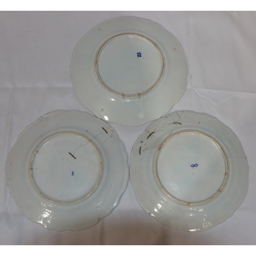 57 - 9 various Majolica round scallop shaped plates on white and yellow ground with multi-coloured floral... 