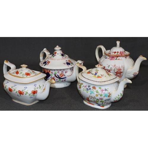 62 - A 19th Century china rectangular bulbous shaped teapot on white ground with multi-coloured floral an... 