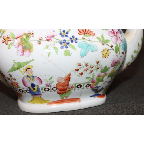 62 - A 19th Century china rectangular bulbous shaped teapot on white ground with multi-coloured floral an... 