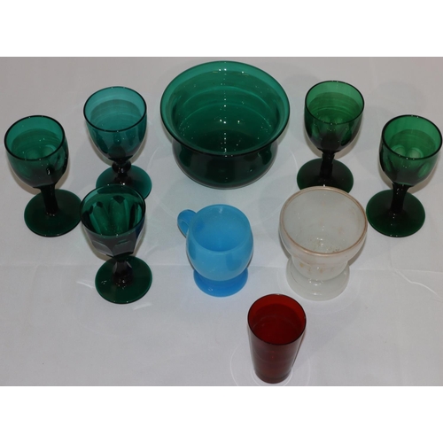 72 - 5 various Bristol green glass wine glasses with chamfer decoration on round bases, a Bristol blue gr... 