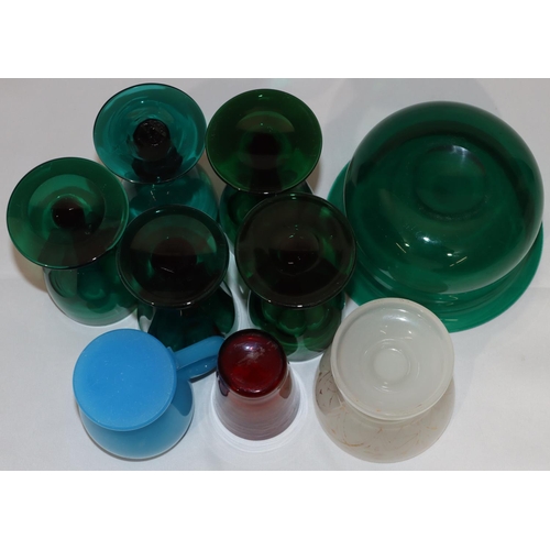 72 - 5 various Bristol green glass wine glasses with chamfer decoration on round bases, a Bristol blue gr... 