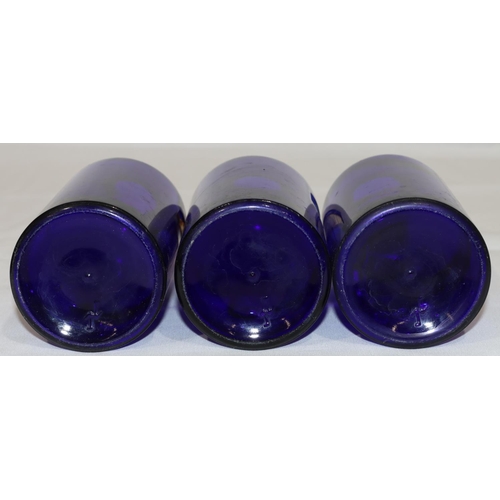 73 - A set of 3 Bristol blue glass chemist's round cylindrical jars with thin necks and stoppers, 20.5cm ... 