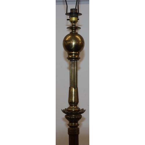 743 - A Victorian heavy brass and china paraffin standard lamp (altered for  electricity) with telescopic ... 