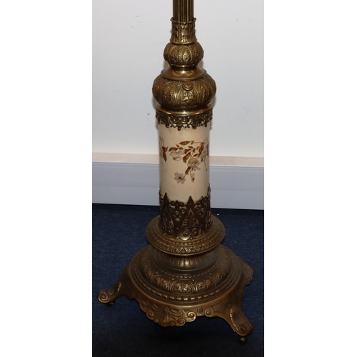 743 - A Victorian heavy brass and china paraffin standard lamp (altered for  electricity) with telescopic ... 