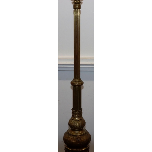 743 - A Victorian heavy brass and china paraffin standard lamp (altered for  electricity) with telescopic ... 