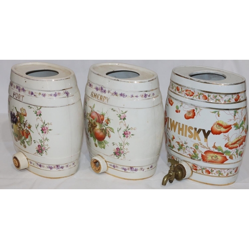 86 - 3 oval china spirit barrels with multi-coloured fruit, floral and gilt decoration 