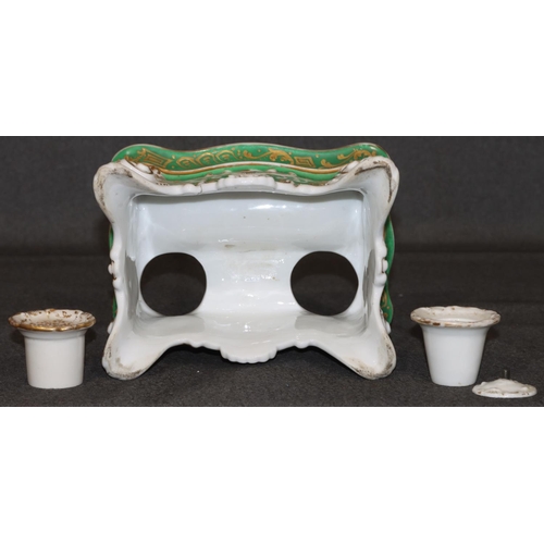 9 - A 19th Century Paris porcelain rectangular scallop shaped inkwell on white and green ground with han... 