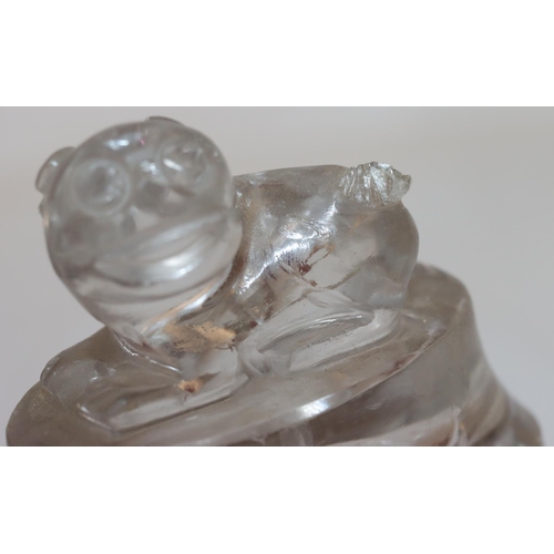 97 - A Chinese rock crystal oval lidded 2-handled pot with animal shaped handles mounted with rings, cove... 