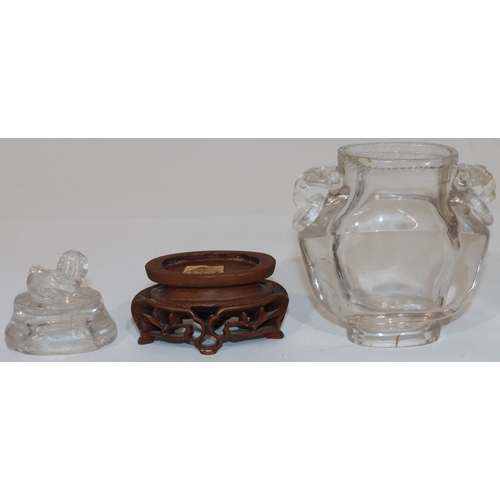 97 - A Chinese rock crystal oval lidded 2-handled pot with animal shaped handles mounted with rings, cove... 