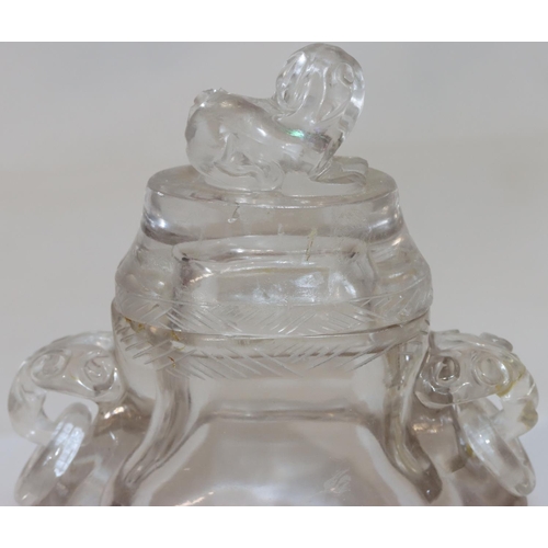 97 - A Chinese rock crystal oval lidded 2-handled pot with animal shaped handles mounted with rings, cove... 