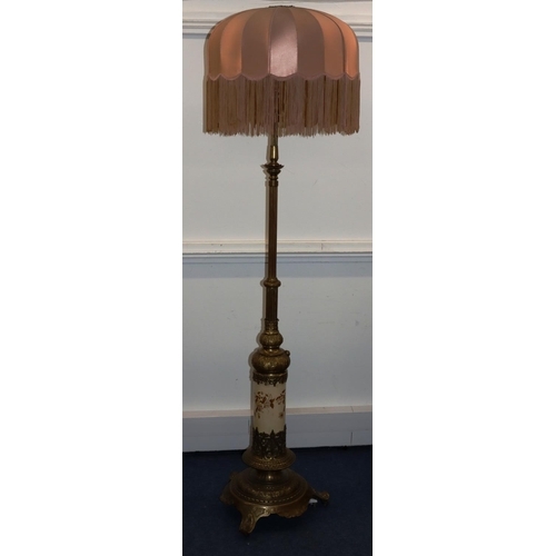 743 - A Victorian heavy brass and china paraffin standard lamp (altered for  electricity) with telescopic ... 