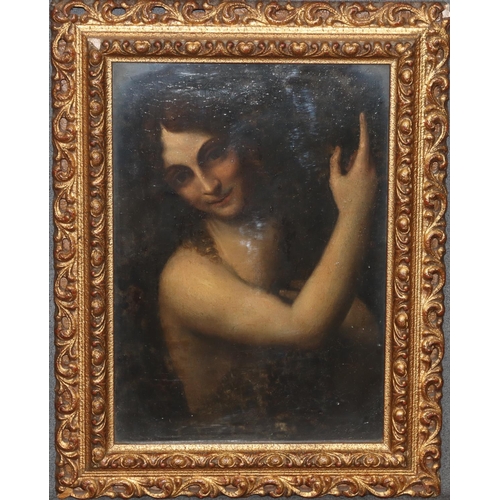 175 - An oil on tin, 31cm x 22cm, half -length portrait of a female nude, in gilt frame,