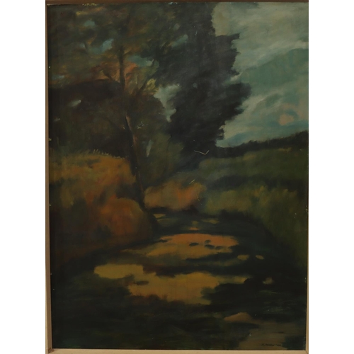 177 - A Miller, oil on board, 121cm x 91cm depicting wooded river landscape, signed and dated '60, in pain... 