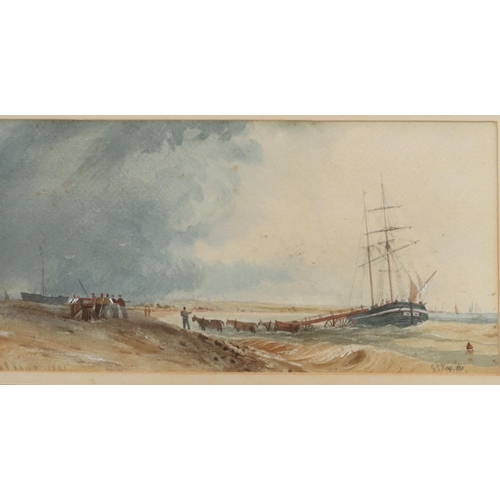 183 - A watercolour, 29cm x 25cm,  depicting moored sailing boat with tug boat in foreground, moored  in h... 