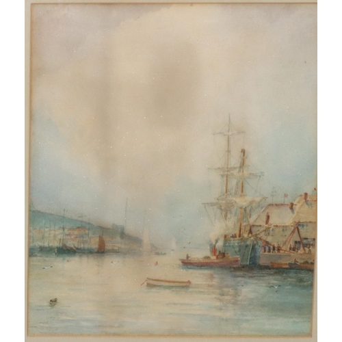 183 - A watercolour, 29cm x 25cm,  depicting moored sailing boat with tug boat in foreground, moored  in h... 