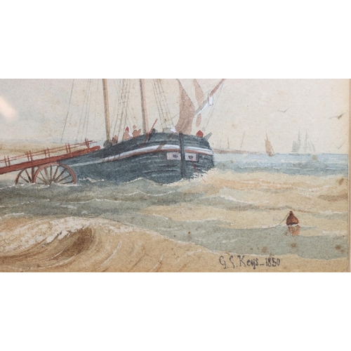 183 - A watercolour, 29cm x 25cm,  depicting moored sailing boat with tug boat in foreground, moored  in h... 