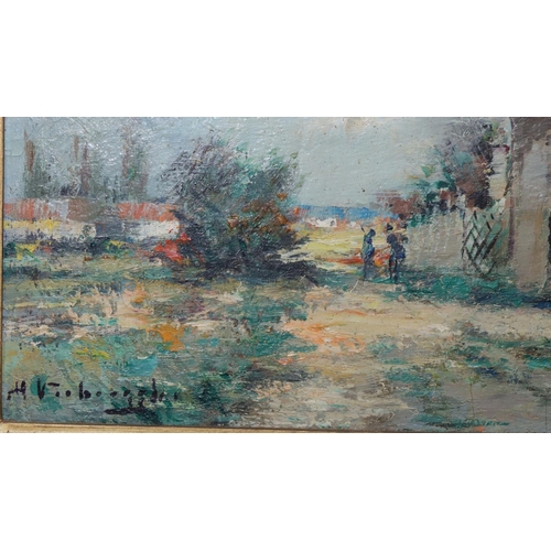 185 - A Continental oil  on board, 15cm x 20.5cm, depicting figures on country path outside building, indi... 