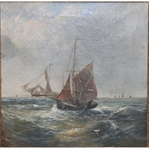 186 - J Moore, 19th Century marine oil on canvas, 29cm x 29cm, depicting figures in sailing boats, signed,... 