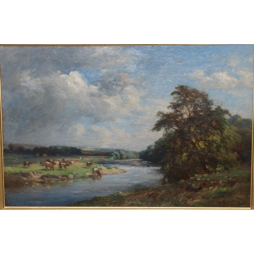 187 - W Grieves, 19th Century oil on canvas, 40cm x 60cm, depicting cattle on riverbank, signed, in gilt f... 