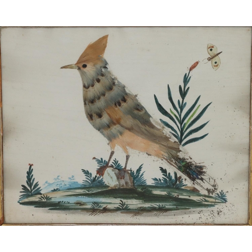 194 - A pair of bird feather and painted pictures, 20.5cm x 25.5cm of 2 perched birds (both a/f), in walnu... 