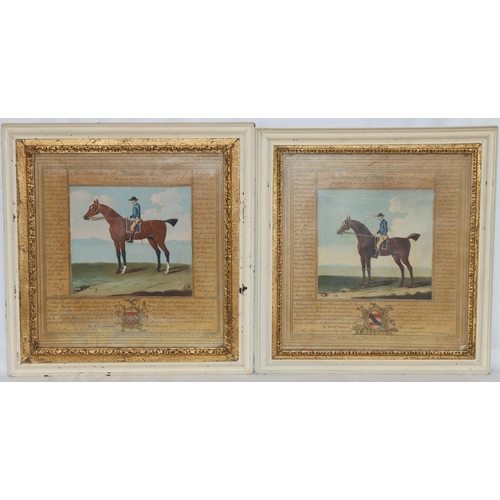 198 - A pair of heightened coloured prints, 31cm x 30cm, depicting figures on horseback 