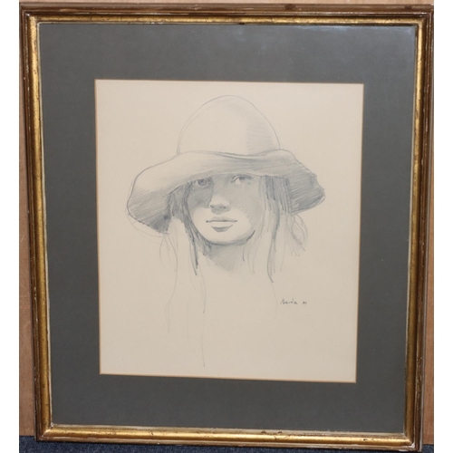 199 - Bardon, pencil sketch, 31cm x 27cm, shoulder length portrait of a young girl wearing a hat, indistin... 