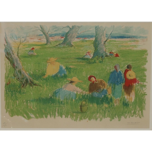 200 - Josep Coll Bardolet (1912-2007), signed limited edition print, 48cm x 67cm, depicting figures rested... 