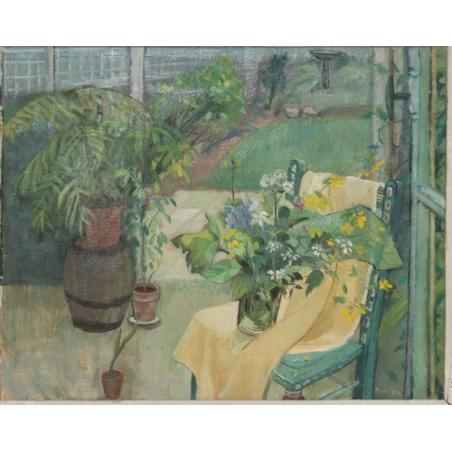 201 - D Borlase, oil on canvas, 39.5cm x 50cm, still life of vase of flowers on a chair with garden in the... 