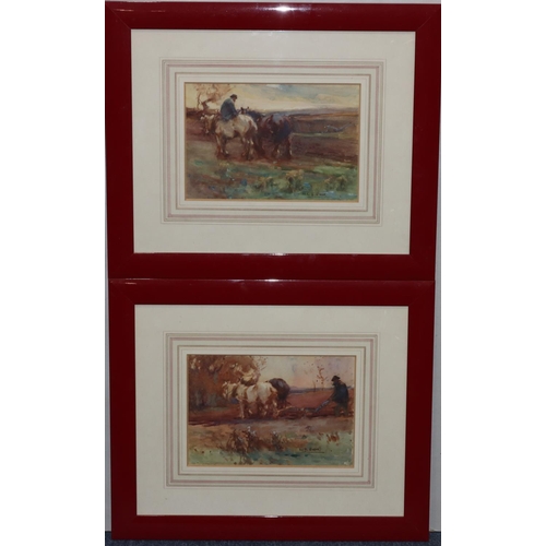 204 - L B Swan, a pair of watercolours, 17.5cm x 26cm, depicting farmers ploughing field, both signed, in ... 