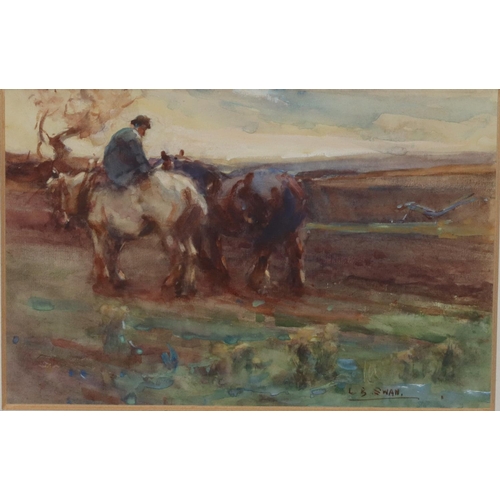 204 - L B Swan, a pair of watercolours, 17.5cm x 26cm, depicting farmers ploughing field, both signed, in ... 