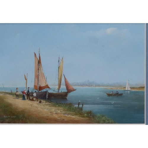 207 - Richard Simm, a pair of watercolour and gauche marine pictures, 12cm x 17cm, depicting people on sho... 