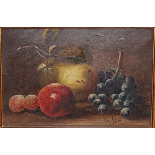 208 - An early 20th Century oil on canvas, 21cm x 31cm, still life, depicting fruit, initialled G.O. 1904,... 